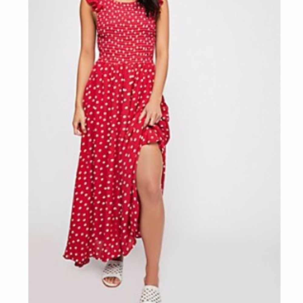Free People Butterflies Smocked Midi Dress in Red Polka Dot - Picture 3 of 14